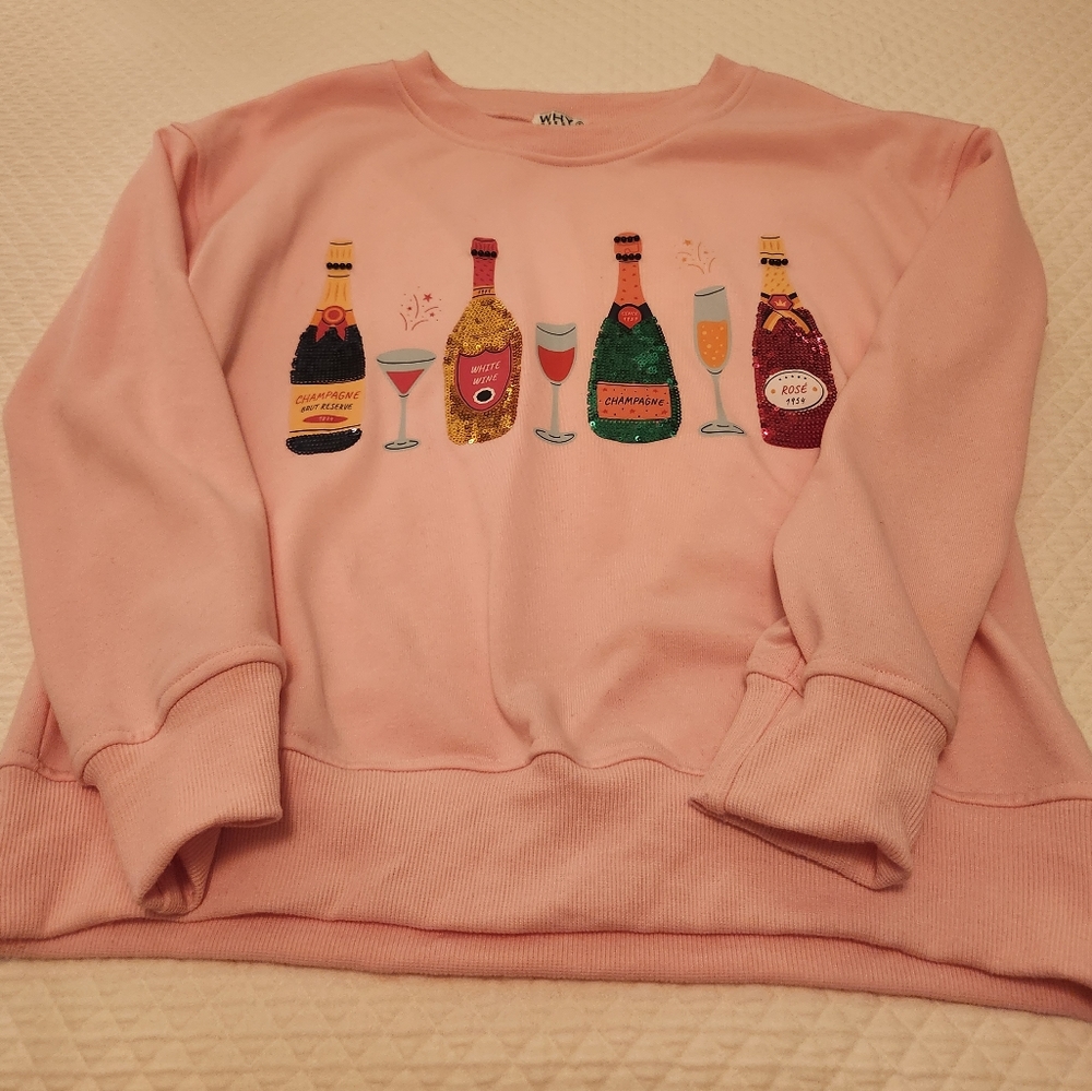 Why Dress with Sequin Wine/ Champagne bottles Pink Sweatshirt Small